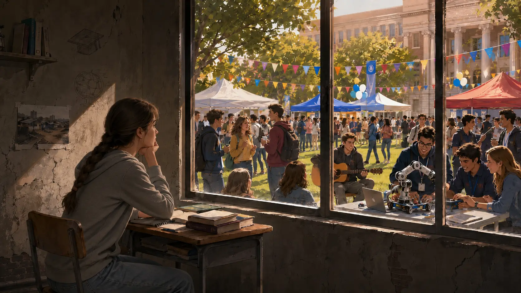 Illustration of a student watching a university club fair from inside a worn classroom, highlighting campus events, clubs, and hands-on learning.