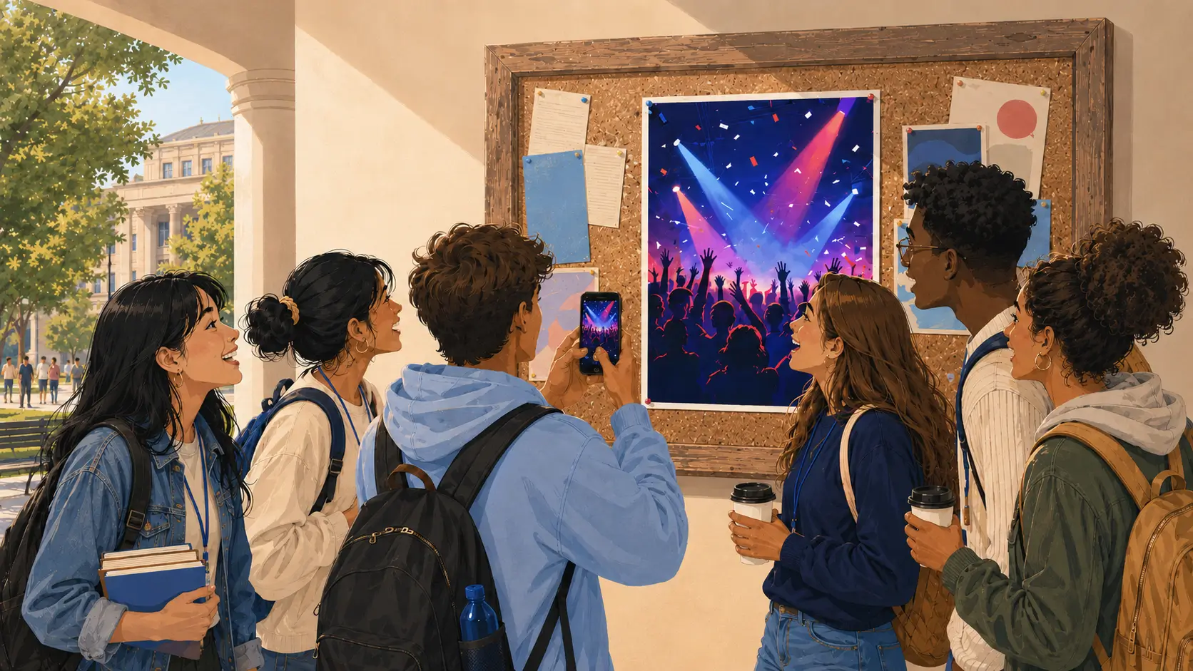 An illustration showing a lot of college students enjoying a concert.