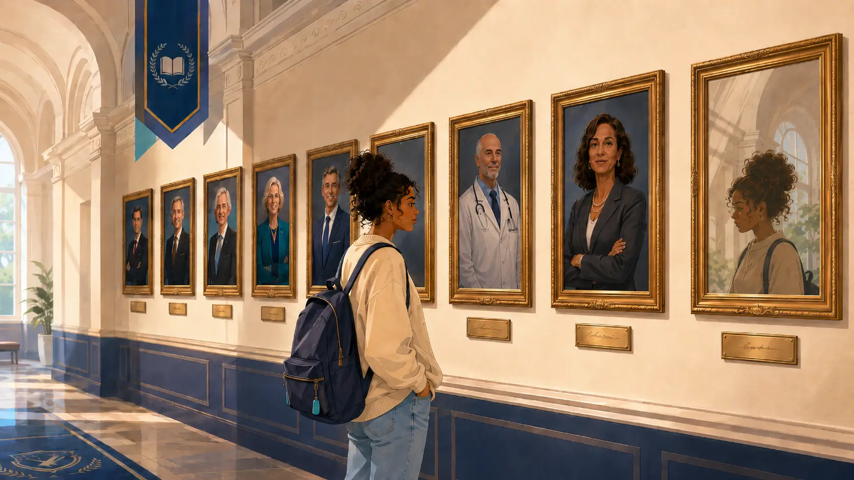 Illustration of a college student looking at a portrait of an accomplished alumna of the same ethnicity, with her reflection in the next portrait.