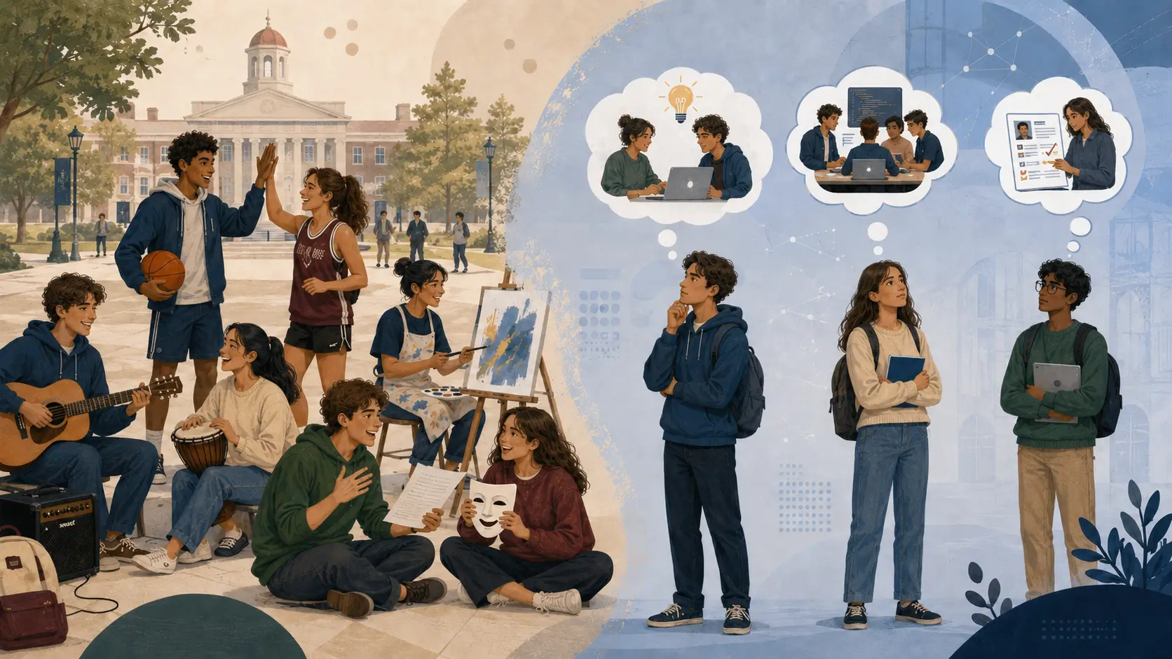 An illustration of a few college students digitally networking with each other.