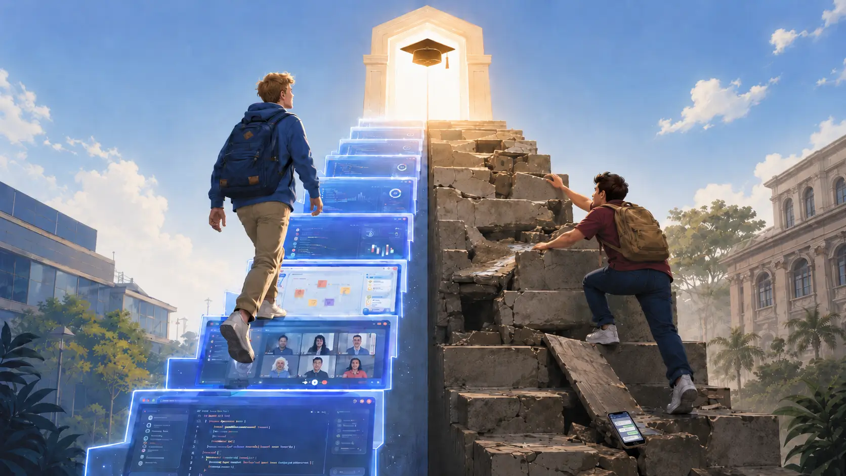 Illustration showing a student progressing toward graduation easily using a staircase made of software tools while the other struggles with broken stone steps.